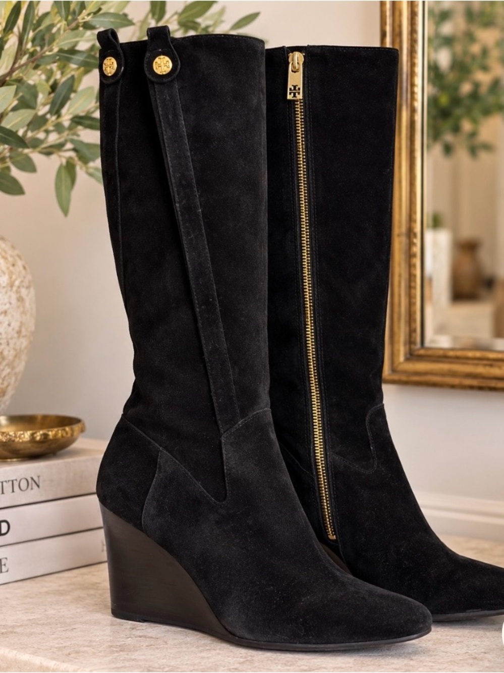 Tory Burch Black Suede Wedge Knee-High Boots with Gold Hardware